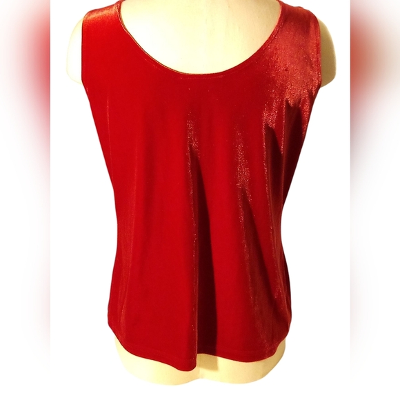 Valerie Stevens - Red Velvet Sleeveless Blouse, Size Medium W/ Pit To Pit Of 38" - Picture 10 of 11